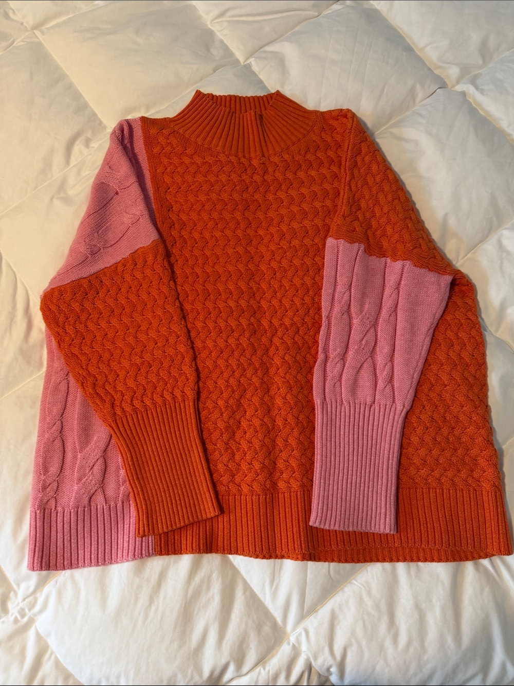 Colorblock Cable Knit Sweater - Orange & Pink